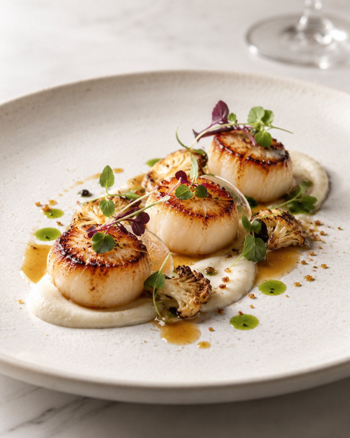 SEARED SCALLOPS & HERB OIL — Modern Seafood Plating & Purees