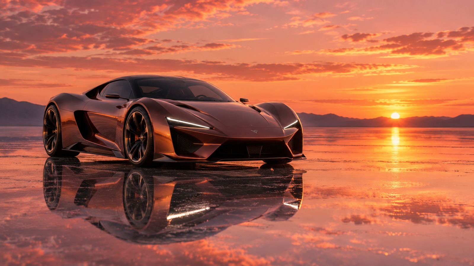 SALT FLATS SUNSET HYPERCAR — Liquid Bronze Hypercar & Mirrored Salt Flats