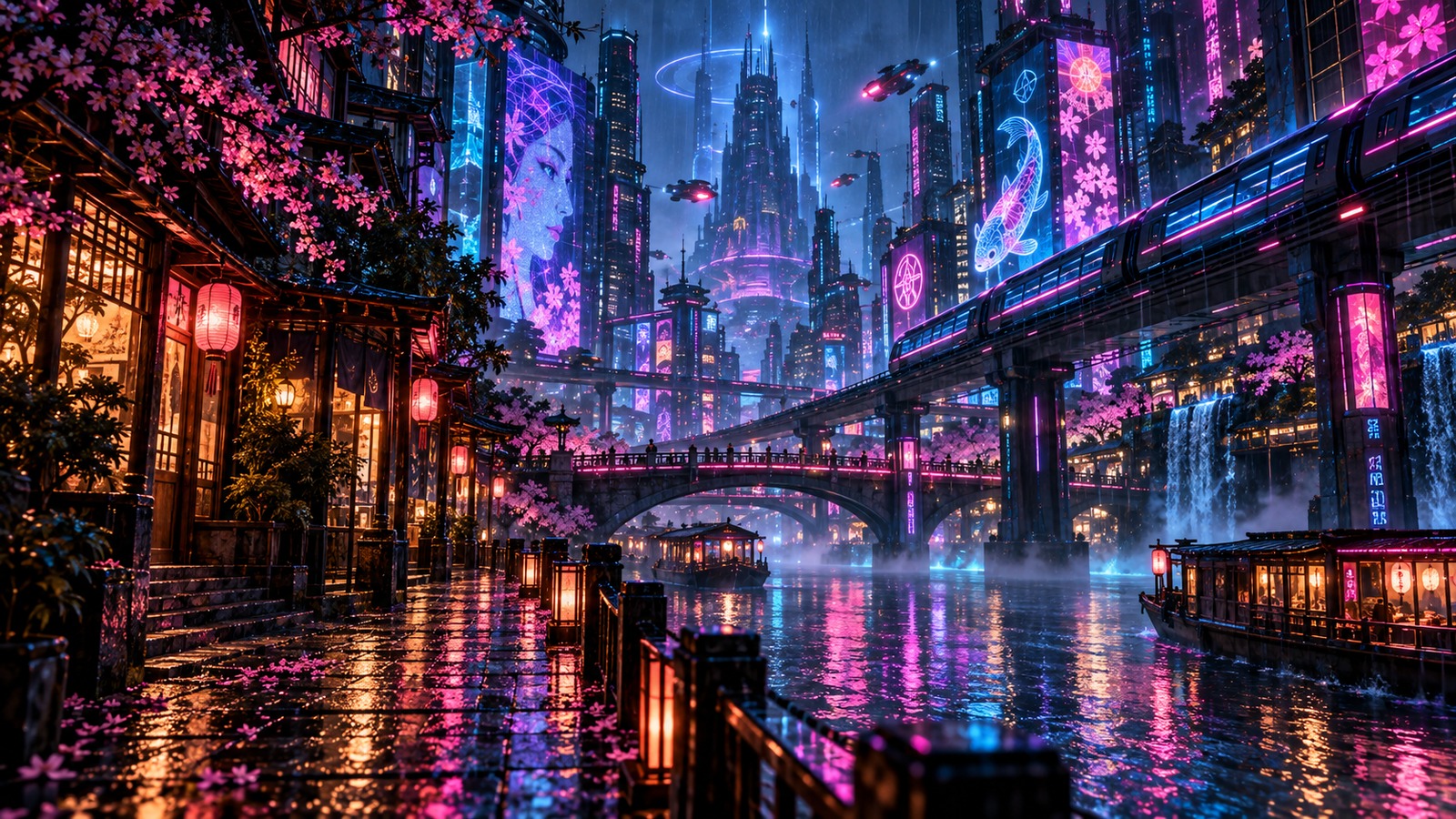 NEO-TOKYO LANTERN CANAL — Cyberpunk Rain Streets & Neon Lantern Canals